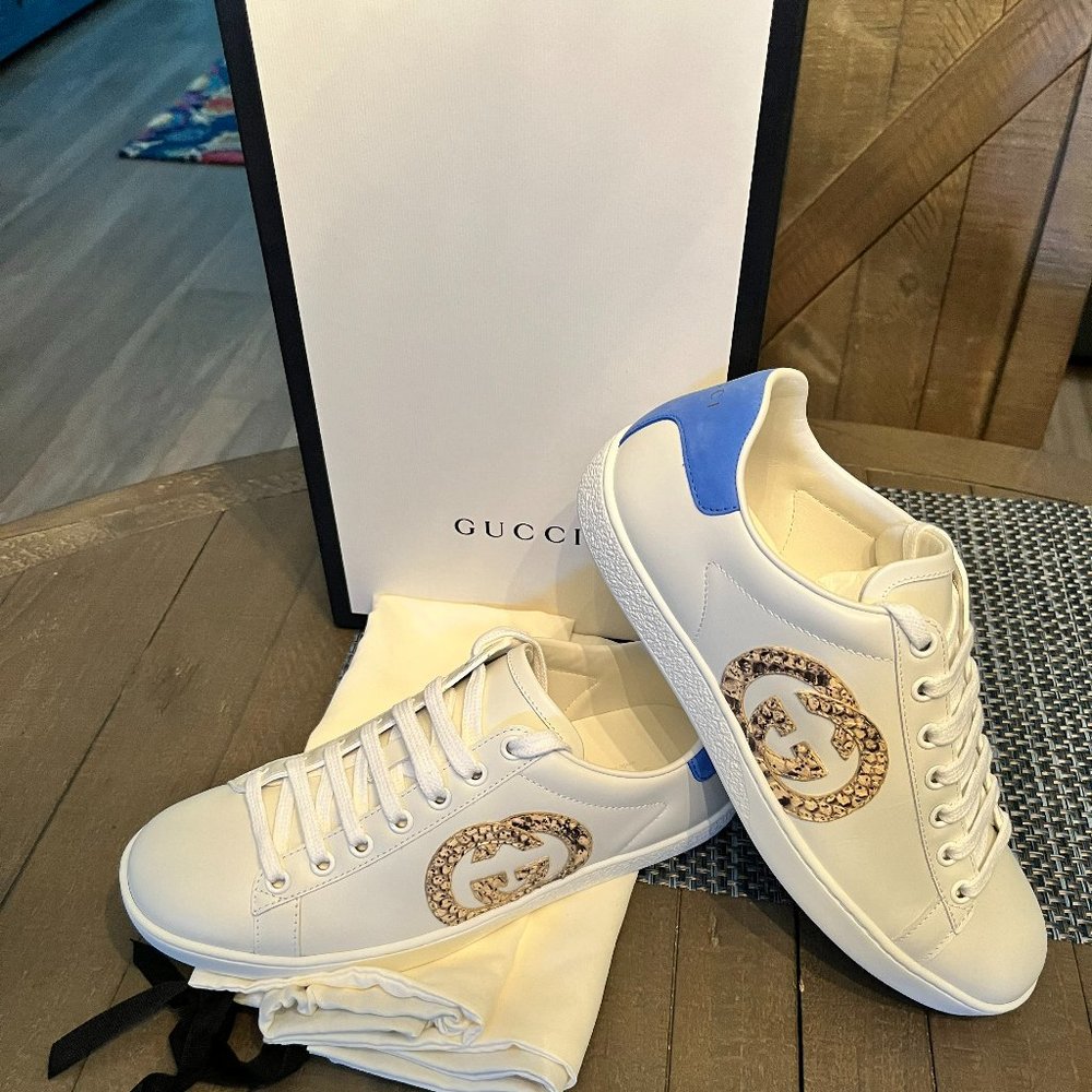 GUCCI Ace White (Blue and Python) Size 36.5 sneakers